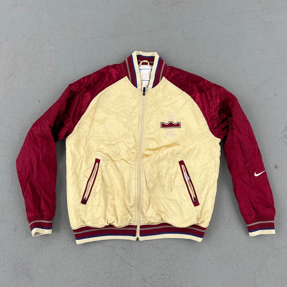 Nike X Lebron James "Fate Loves The Fearless" Satin Bomber Jacket Gold Maroon LG